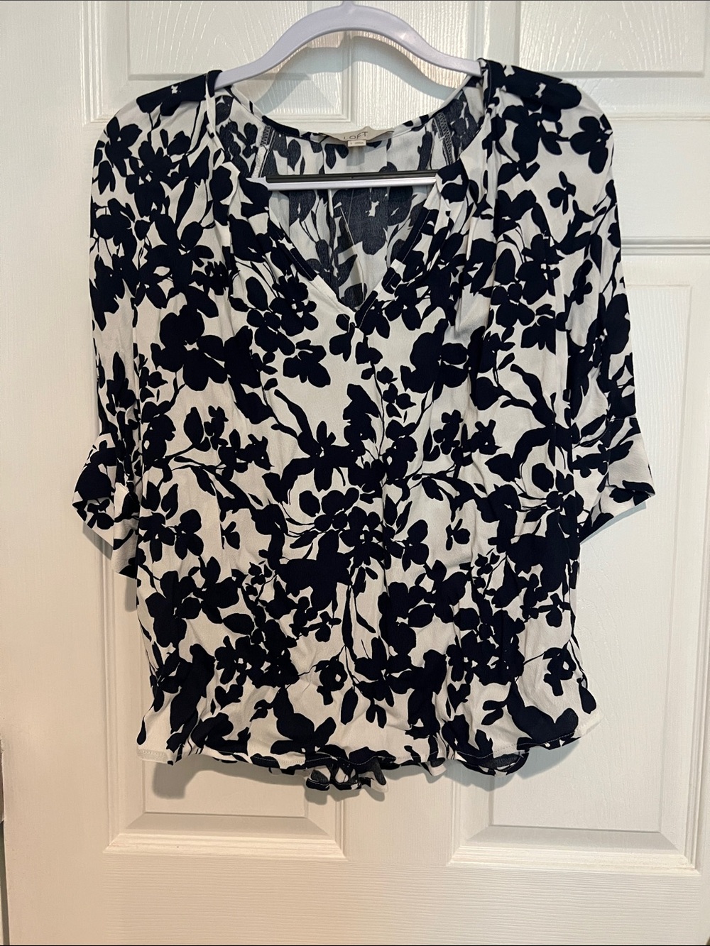 Navy & White Floral V-Neck Blouse - Women's Top